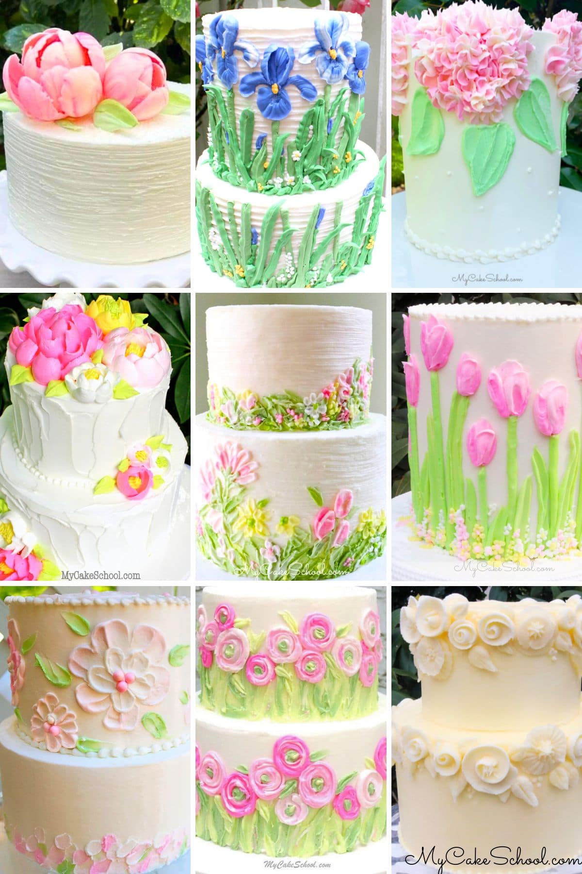 Photo grid of floral cake designs.
