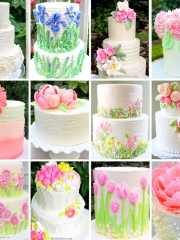 Photo grid of floral cakes.
