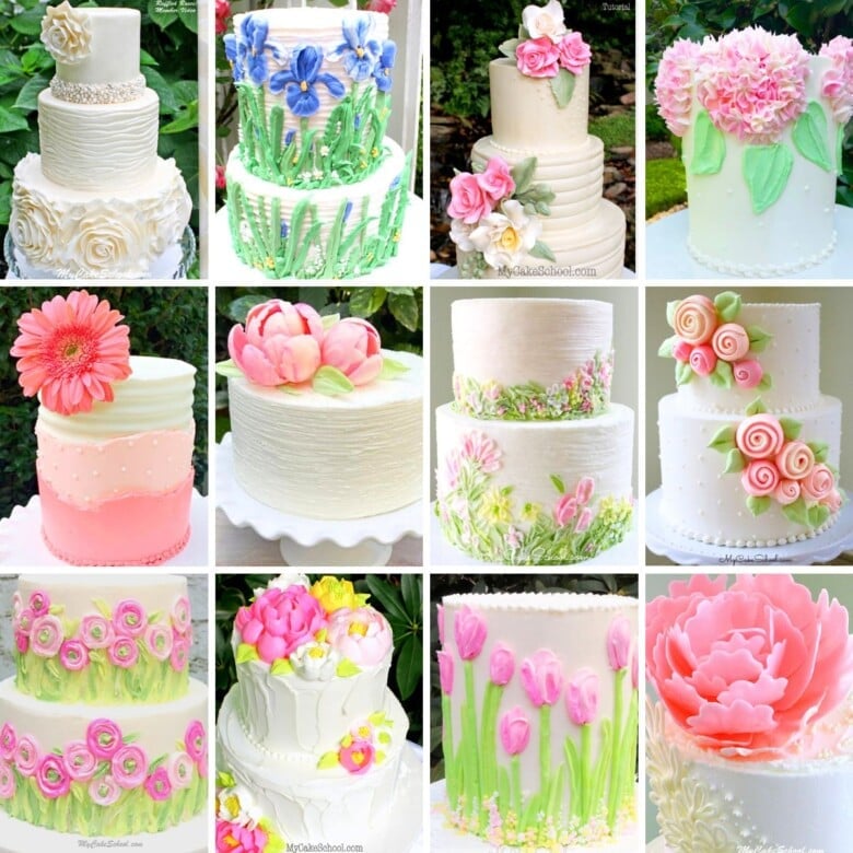 Photo grid of floral cakes.