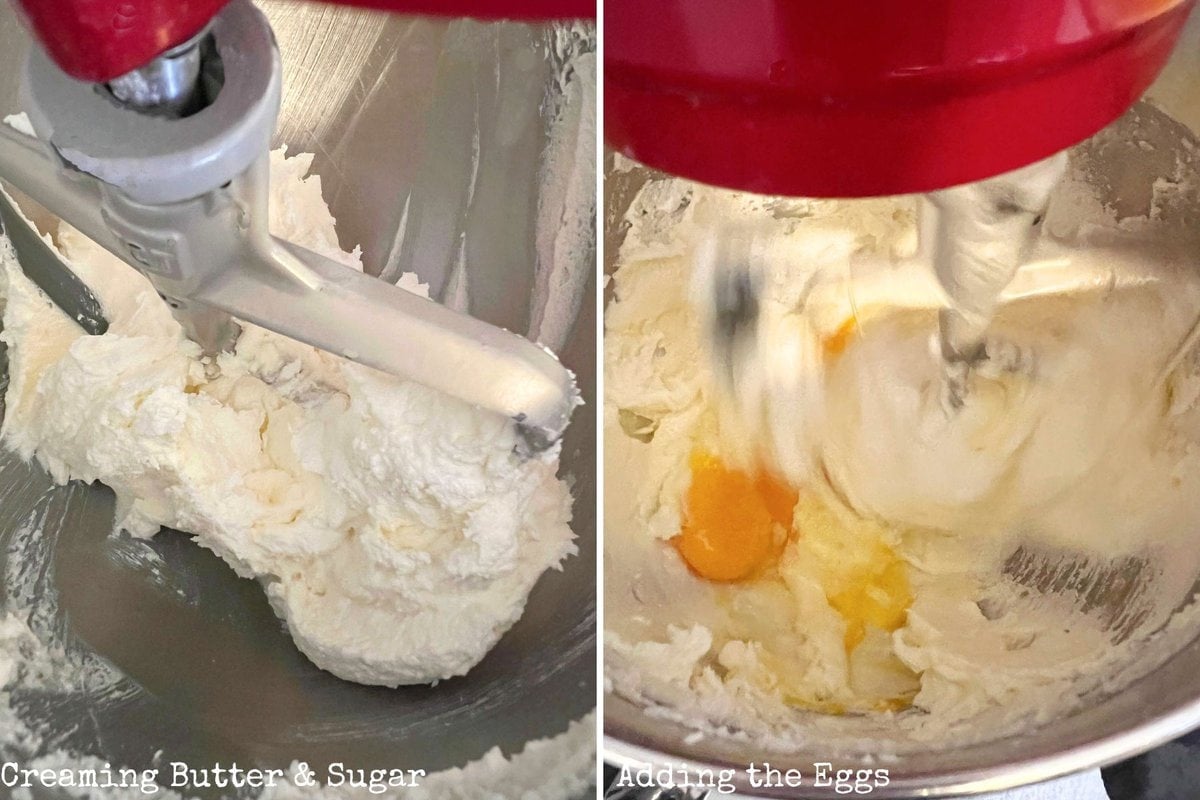 Two photos- one of creamed butter and sugar, the other shows adding the eggs.