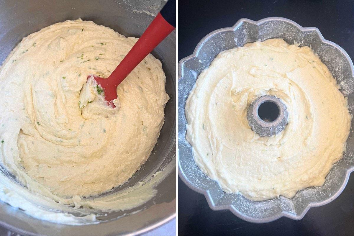 Cake batter in bowl and in bundt cake pan.