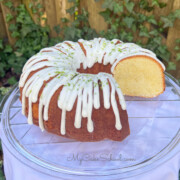 Sliced Key Lime Pound Cake on a cake pedestal.