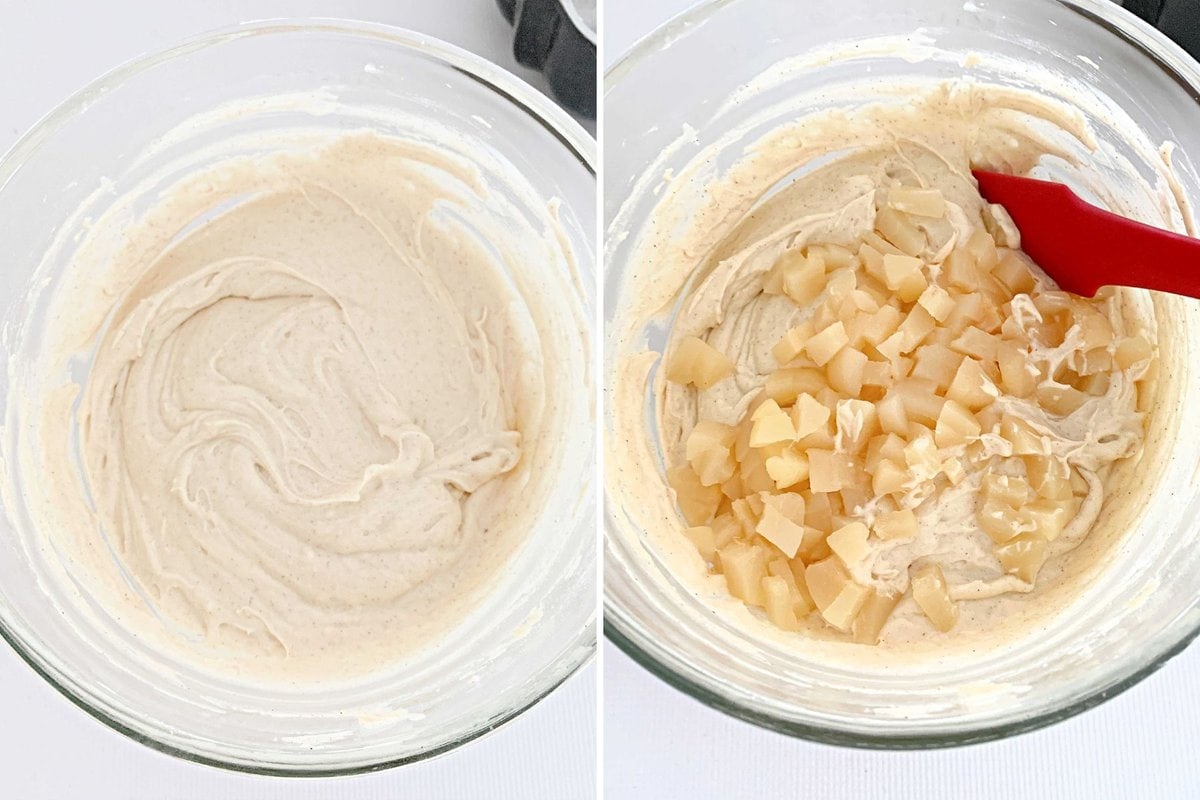 Two photos of cake batter- one before adding the pears, and the other as they are being folded in.
