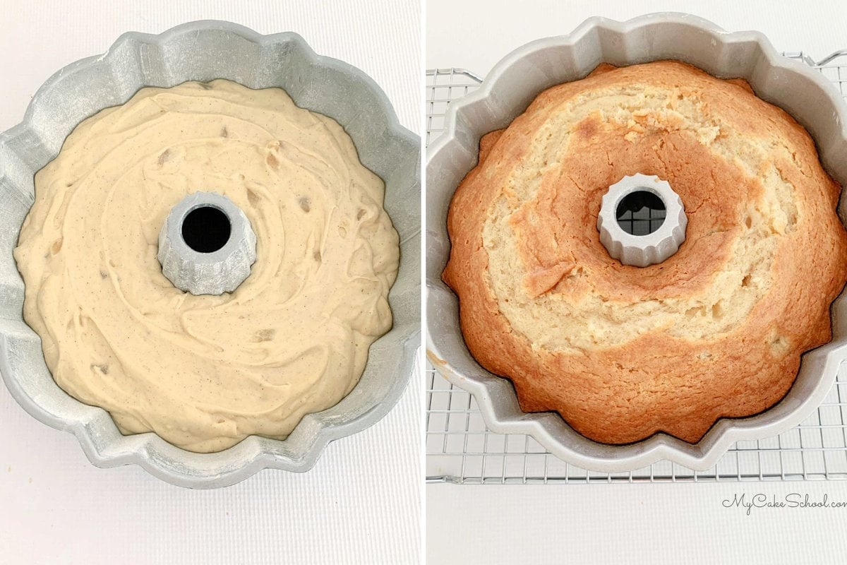 Two photos of pear cake- one with the batter in the pan, the other after it is fresh out of the oven.