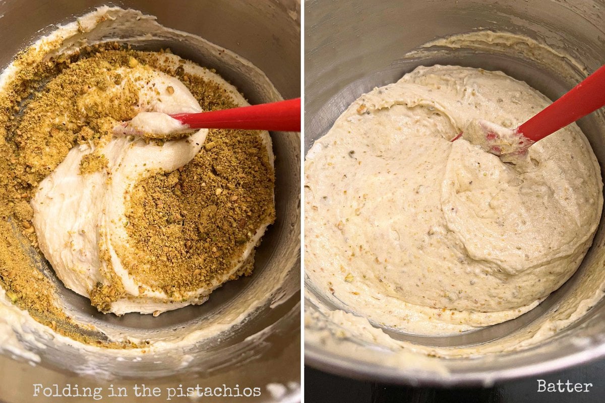 Folding the crushed pistachios into the cake batter.