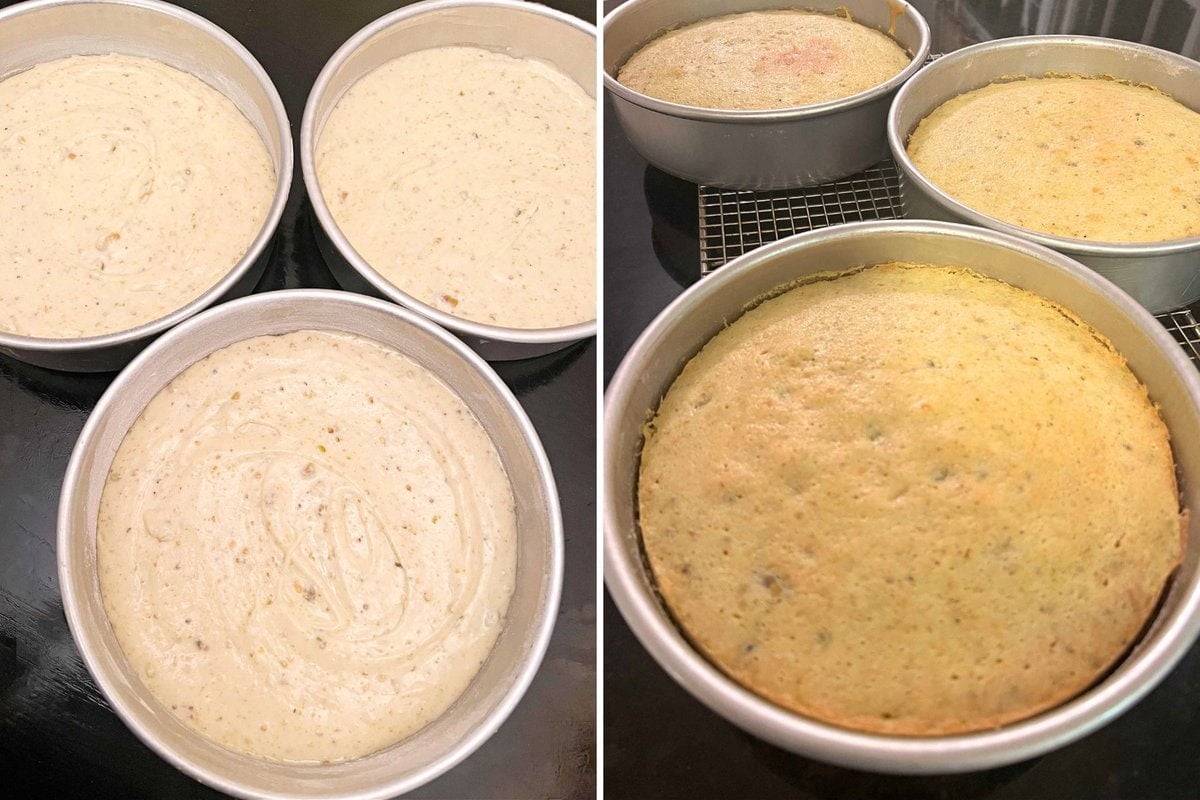 Pistachio cake layers in pans.