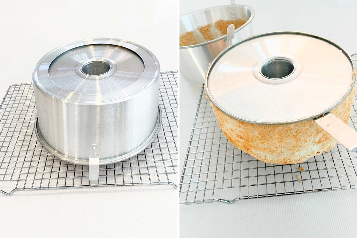 Removing the angel food cake from the cake pan.