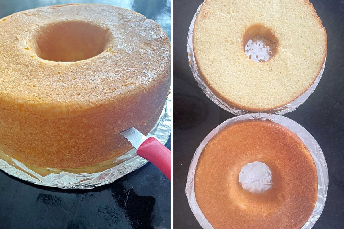 Photos of Lemon Bundt Cake, split horizontally in half.