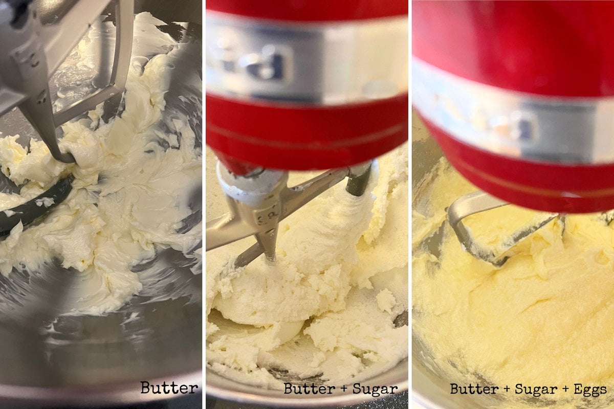 Photo grid of mixing butter, then butter and sugar, then adding the eggs.