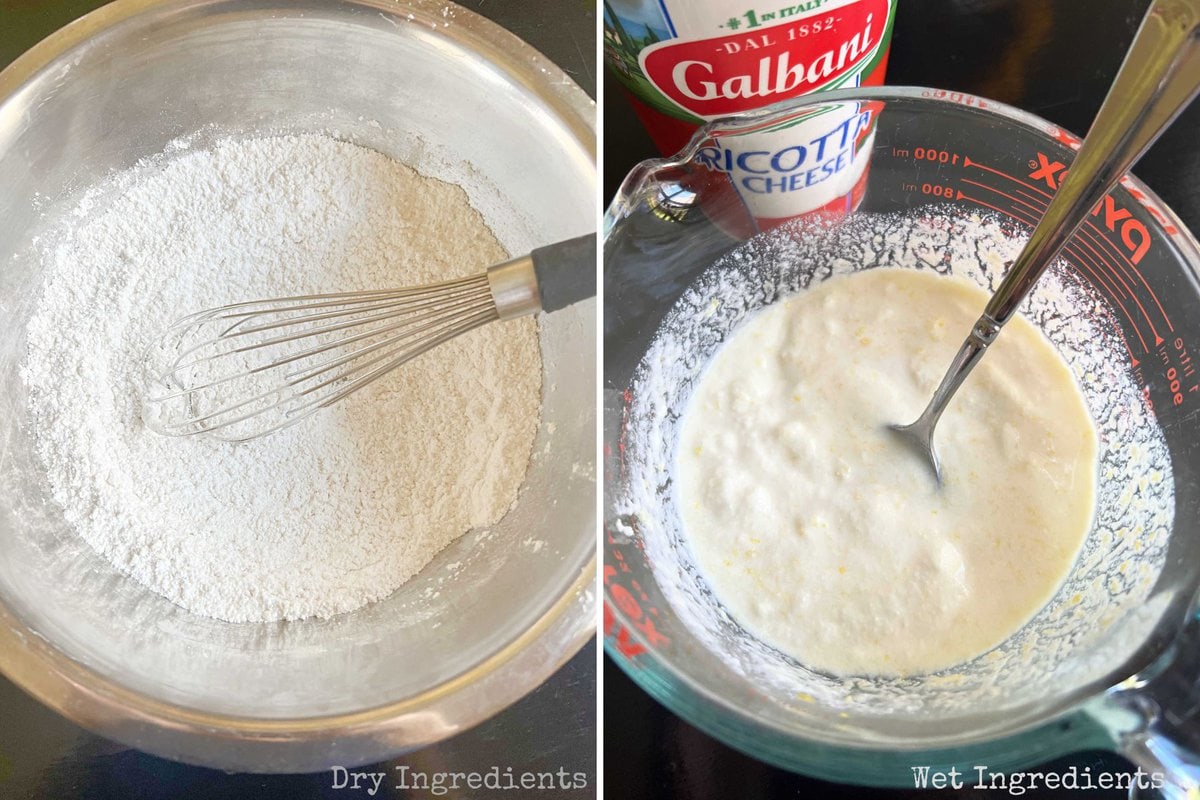 Dry and wet ingredients for lemon ricotta cake.