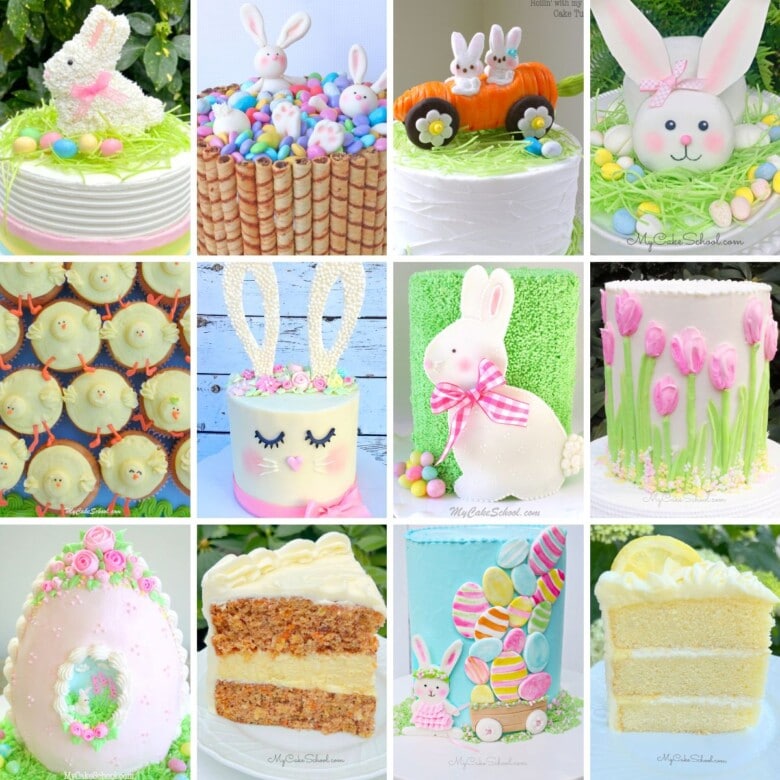 Photo grid of Easter cake designs.