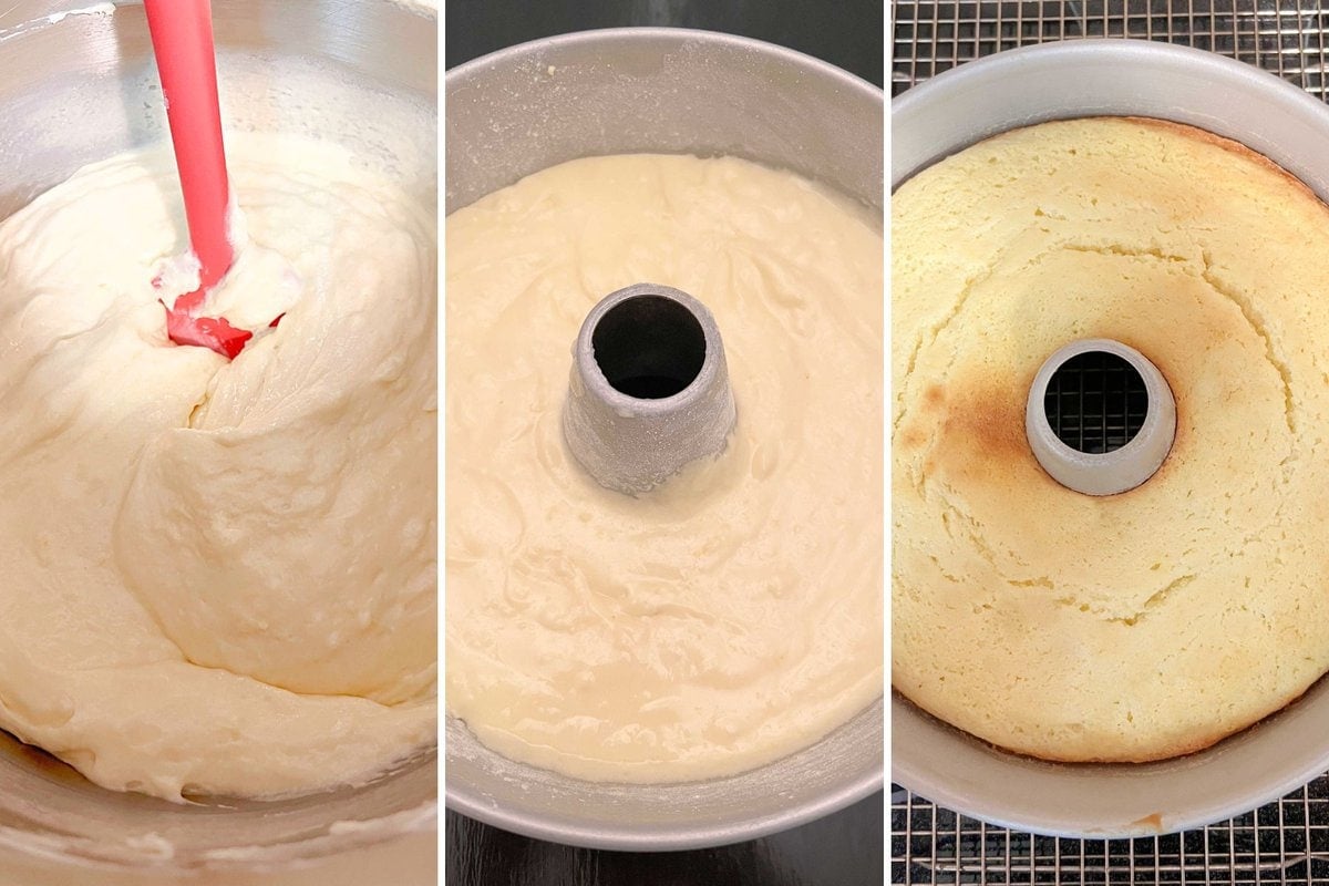 Photos of cake batter in pan, and freshly baked cake in pan.