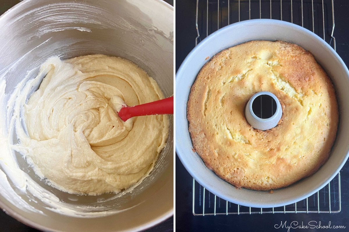 Baking the Lemon Ricotta Cake- photo grid. From batter to baked cake in pan.