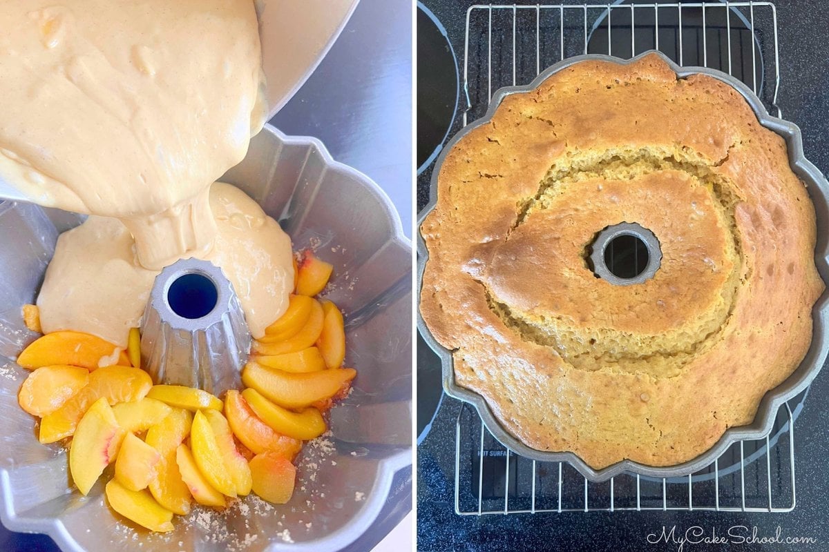 Pouring cake batter over the peaches, and another photo of the freshly baked cake cooling in the pan.