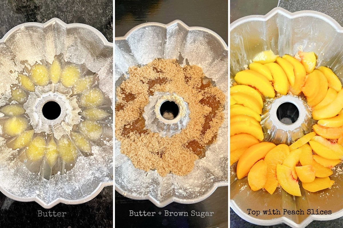Three images of the process for adding melted butter, brown sugar, and peach slices to the bottom of the prepared pan.