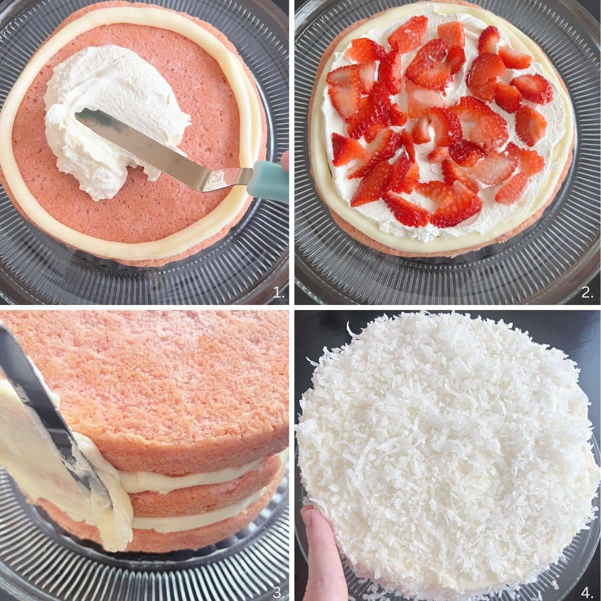 Photos of assembling and decorating the Strawberry Coconut Cake.