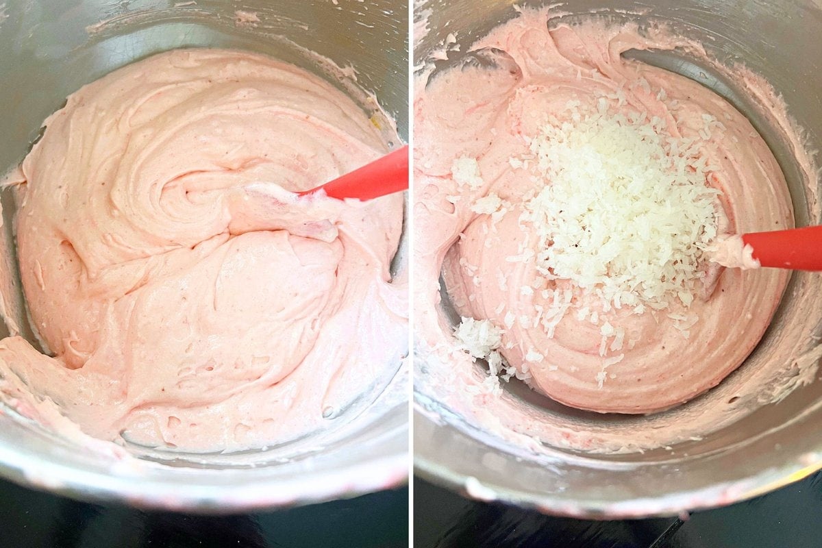 Photos of strawberry coconut cake batter.