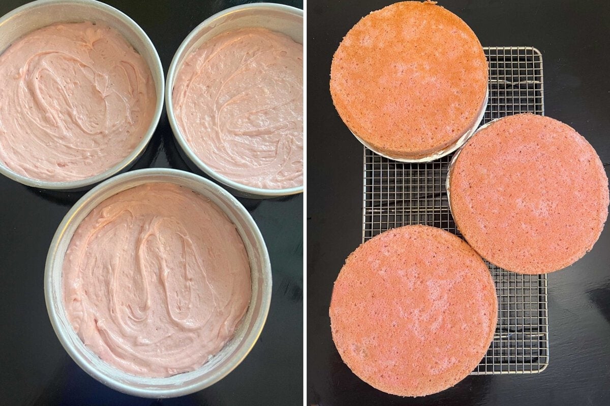 Photos of the cake layers in pans, before and after baking.
