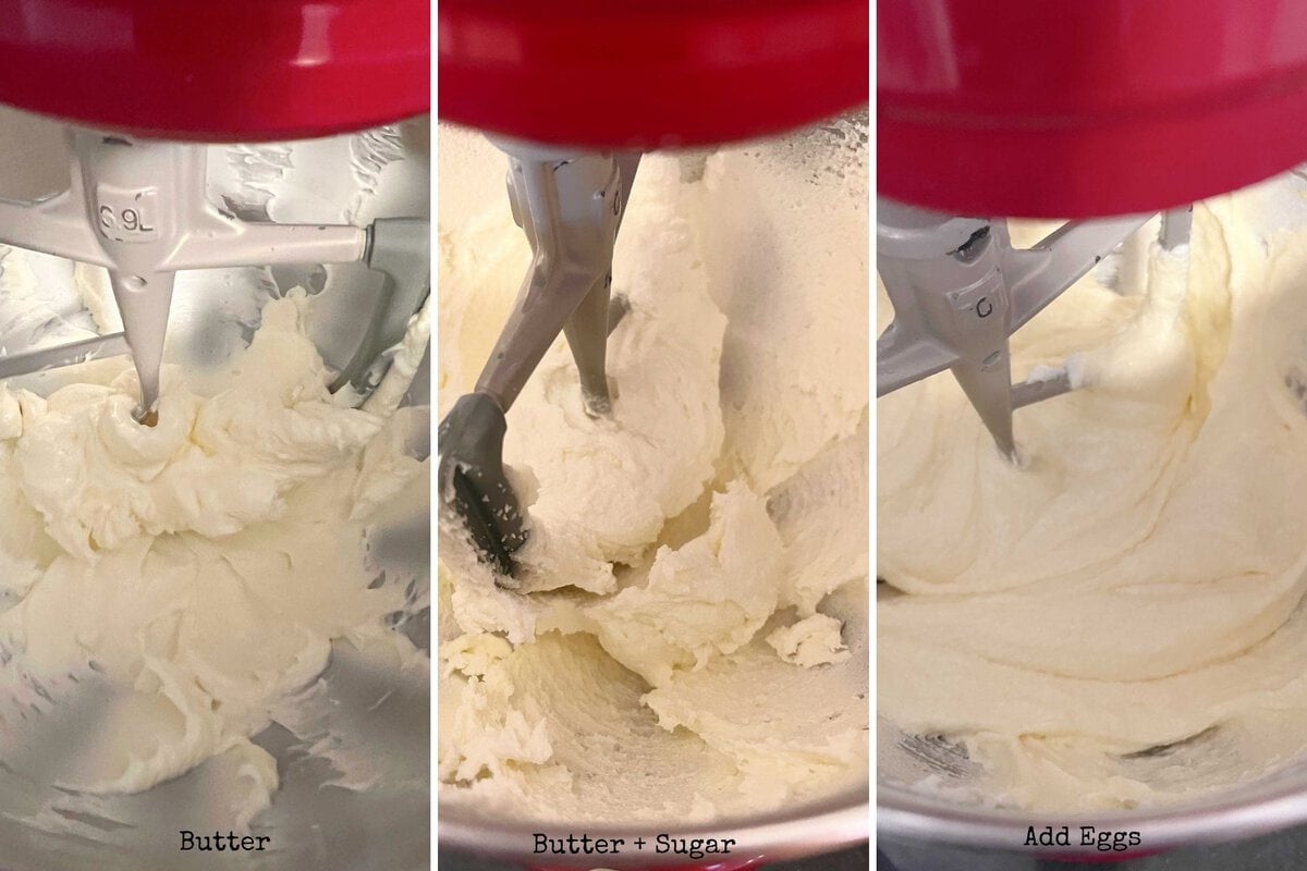 photo grid of combining butter and sugar, then eggs.