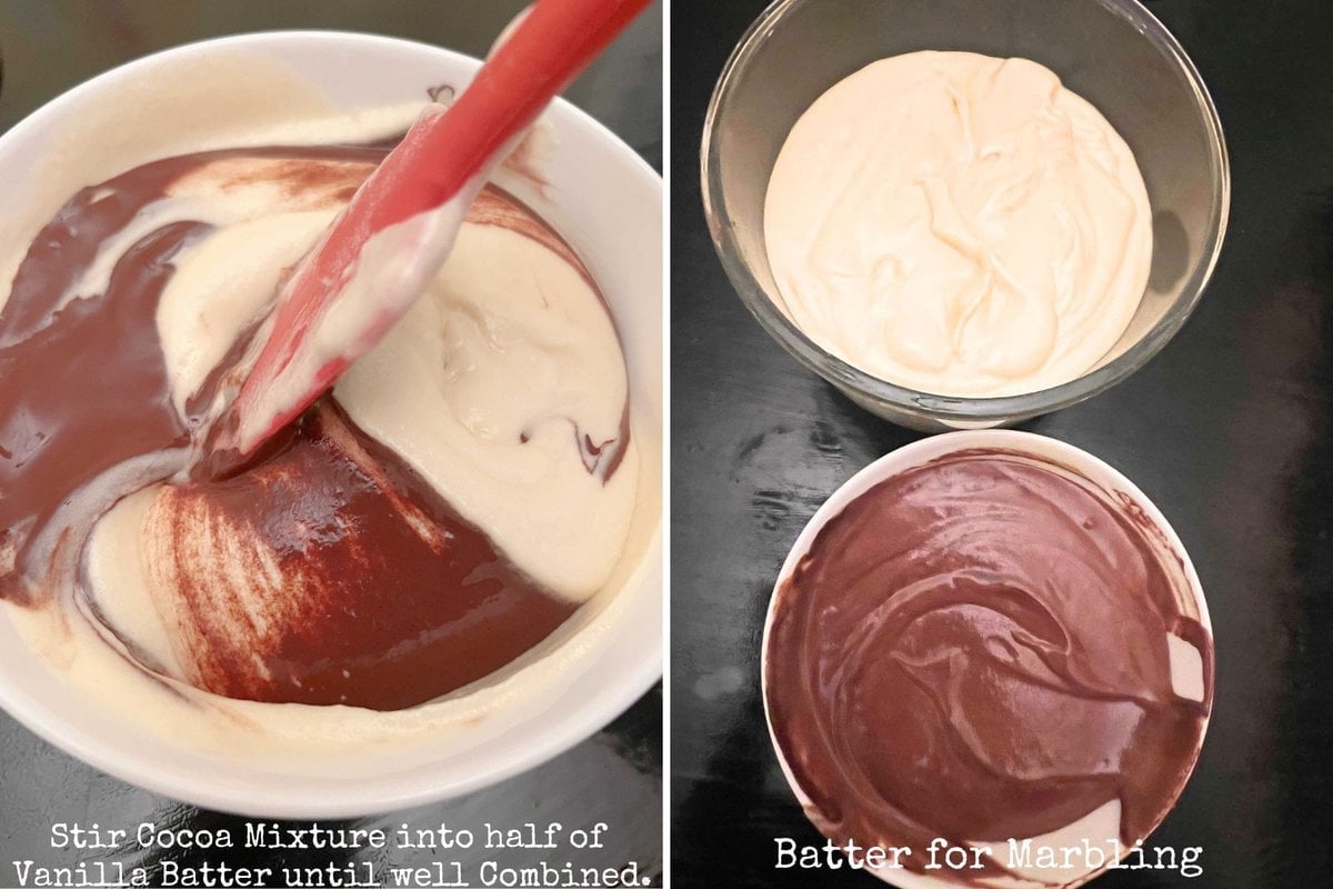 Photo grid for adding cocoa and water mixture to the vanilla cake batter.