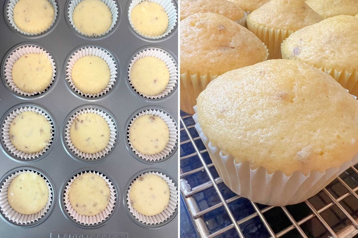 Photos of Italian Cream Cupcakes in pan and freshly baked.