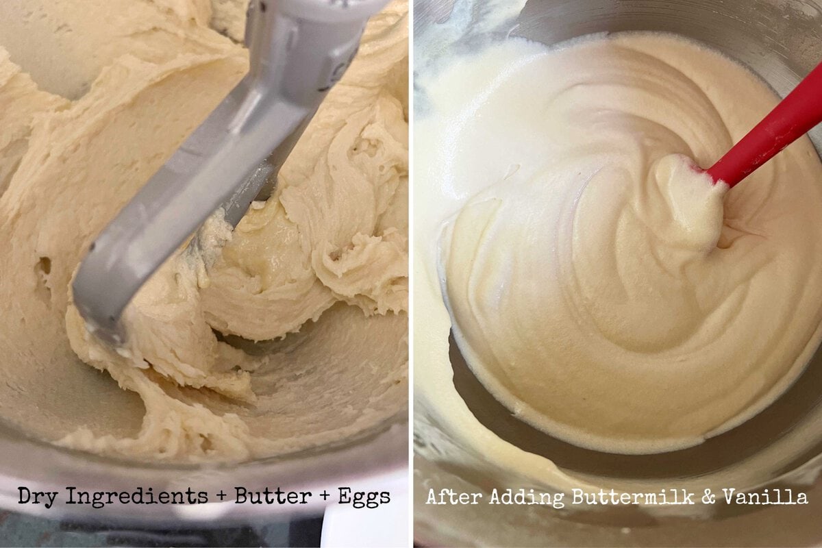 Photo grid of making the vanilla cake batter.