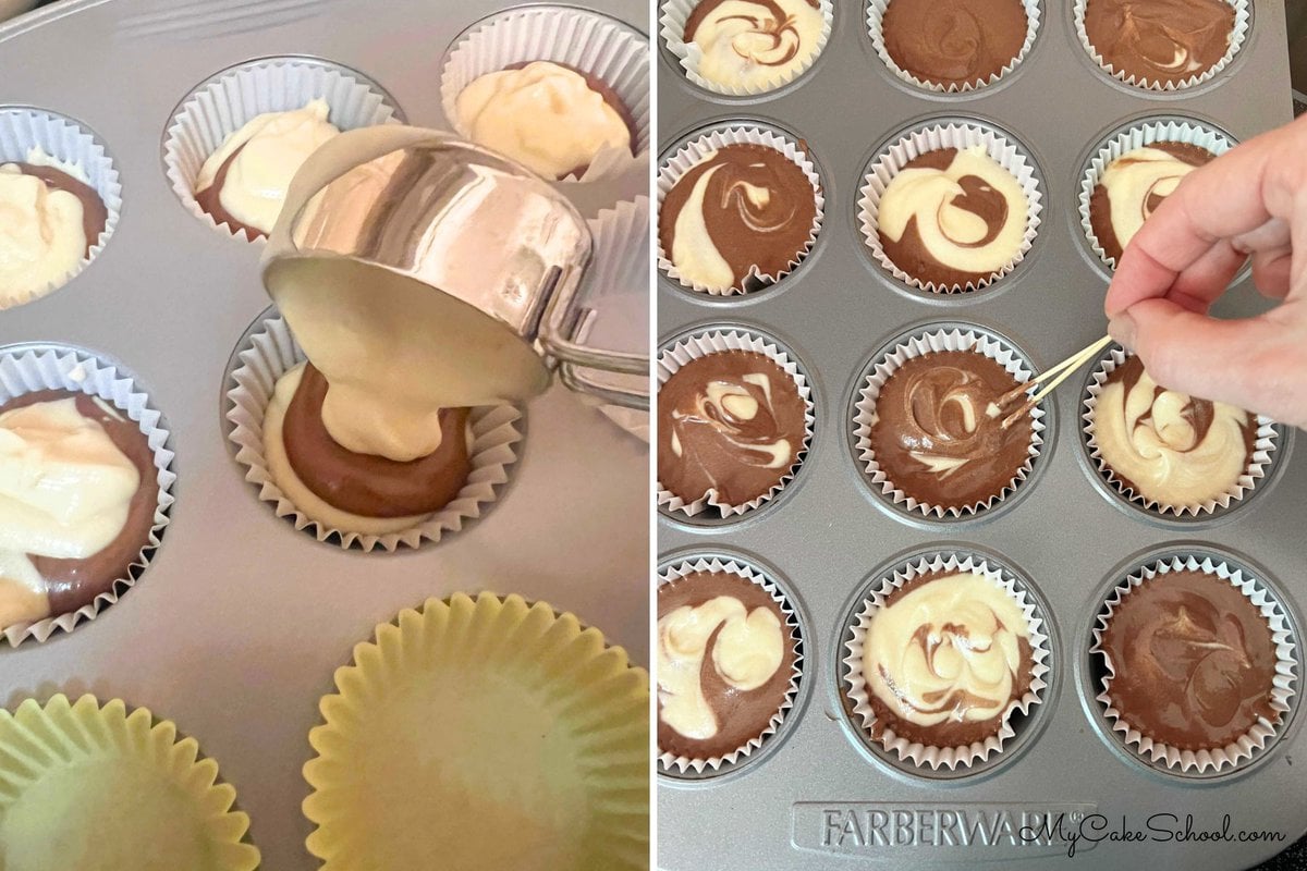 Photo grid for filling cupcake liners with chocolate and vanilla batter, then swirling with toothpick.