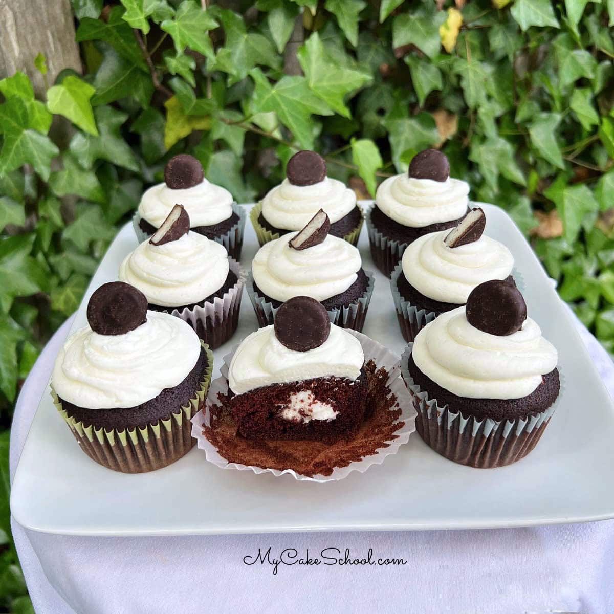 Platter of Mint Chocolate Cupcakes.