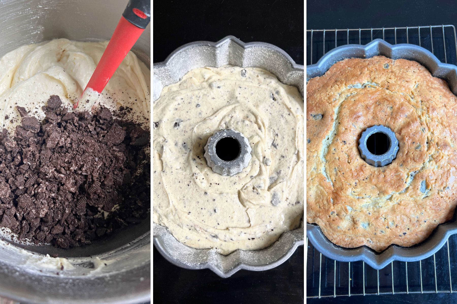 Photo grid of Oreo Pound Cake before and after baking.