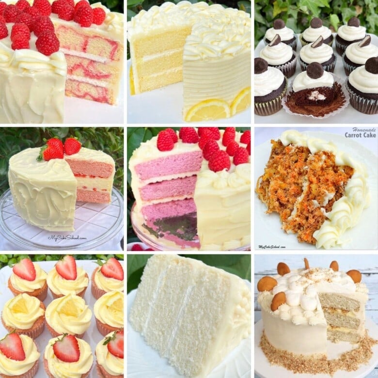 Photo grid of Mother's Day Cake recipe ideas.