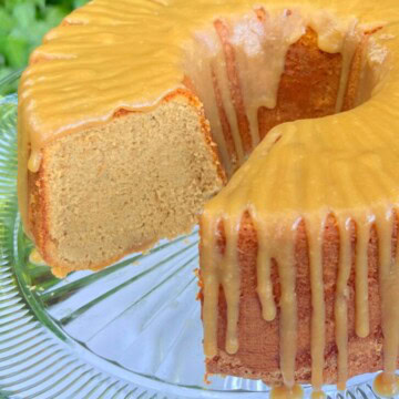 Caramel Espresso Pound Cake, sliced, on a pedestal.