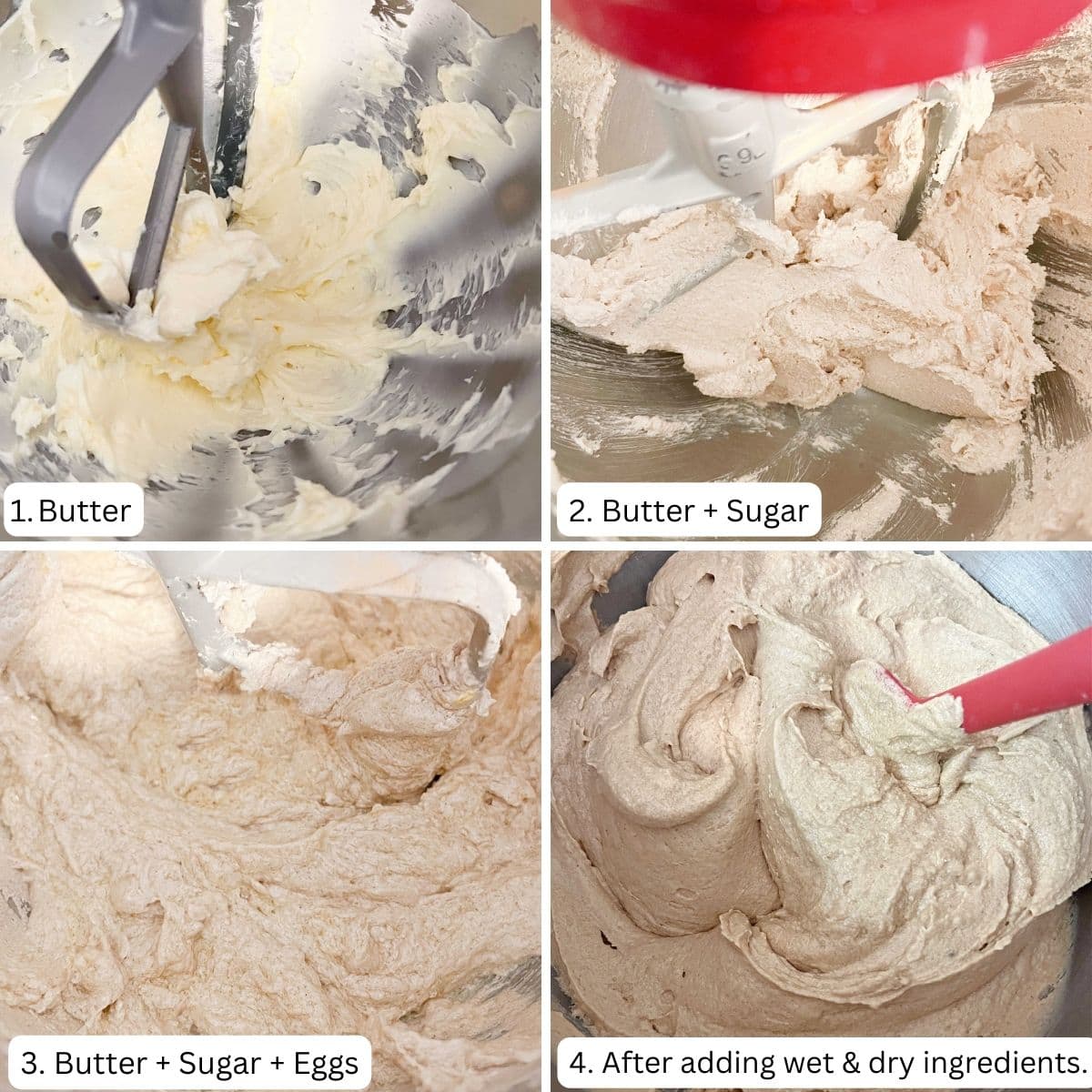 Photo grid o mixing the batter for the cake.