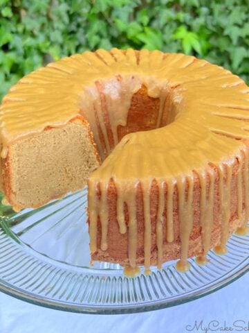 Caramel Espresso Pound Cake, sliced, on a cake pedestal.
