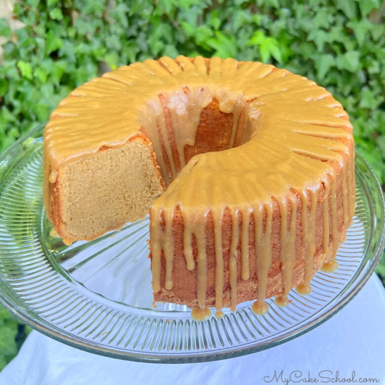 Caramel Espresso Pound Cake, sliced, on a cake pedestal.