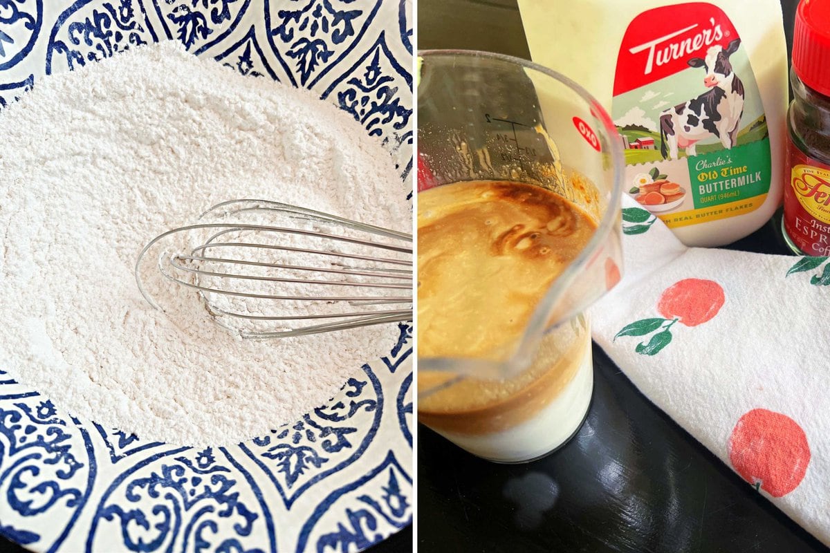 Wet and dry ingredients for caramel espresso cake.