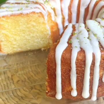 Margarita Pound Cake, sliced, on a cake plate.