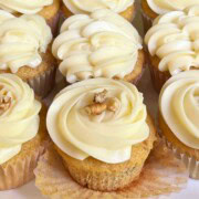 A platter of hummingbird cupcakes.