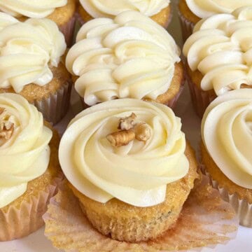 A platter of hummingbird cupcakes.