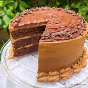 Triple Chocolate Cake, sliced, on a cake pedestal.