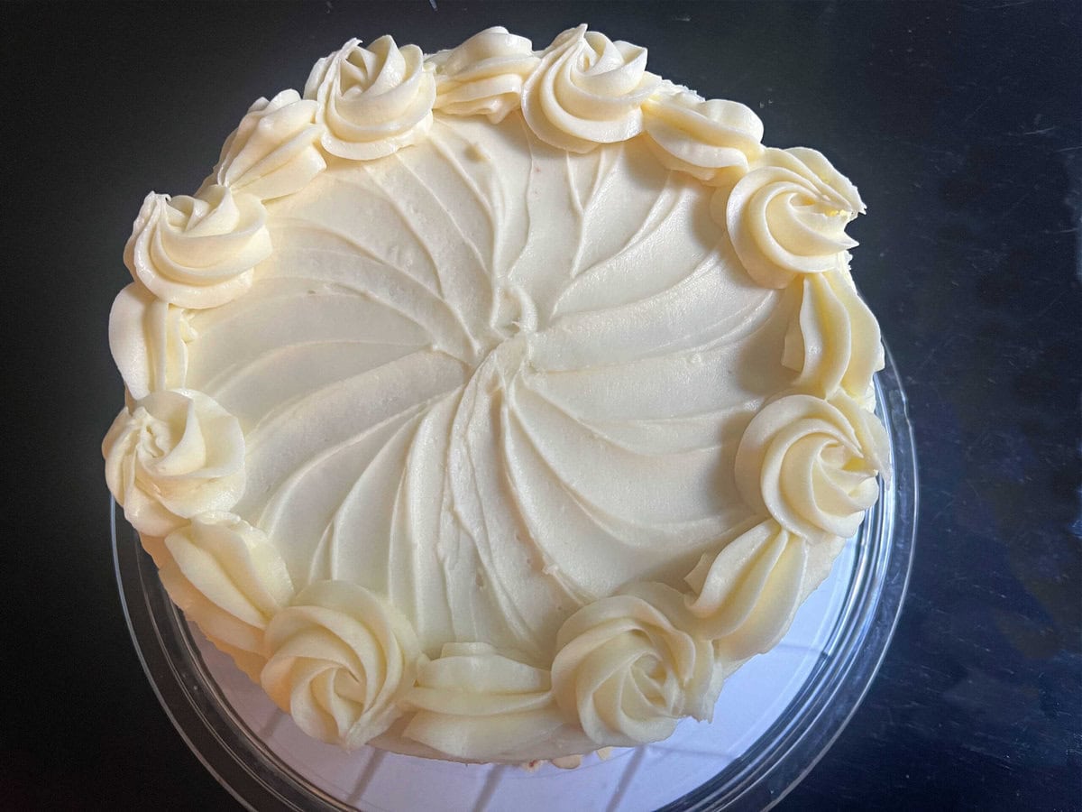 Top of the decorated amaretto cake.