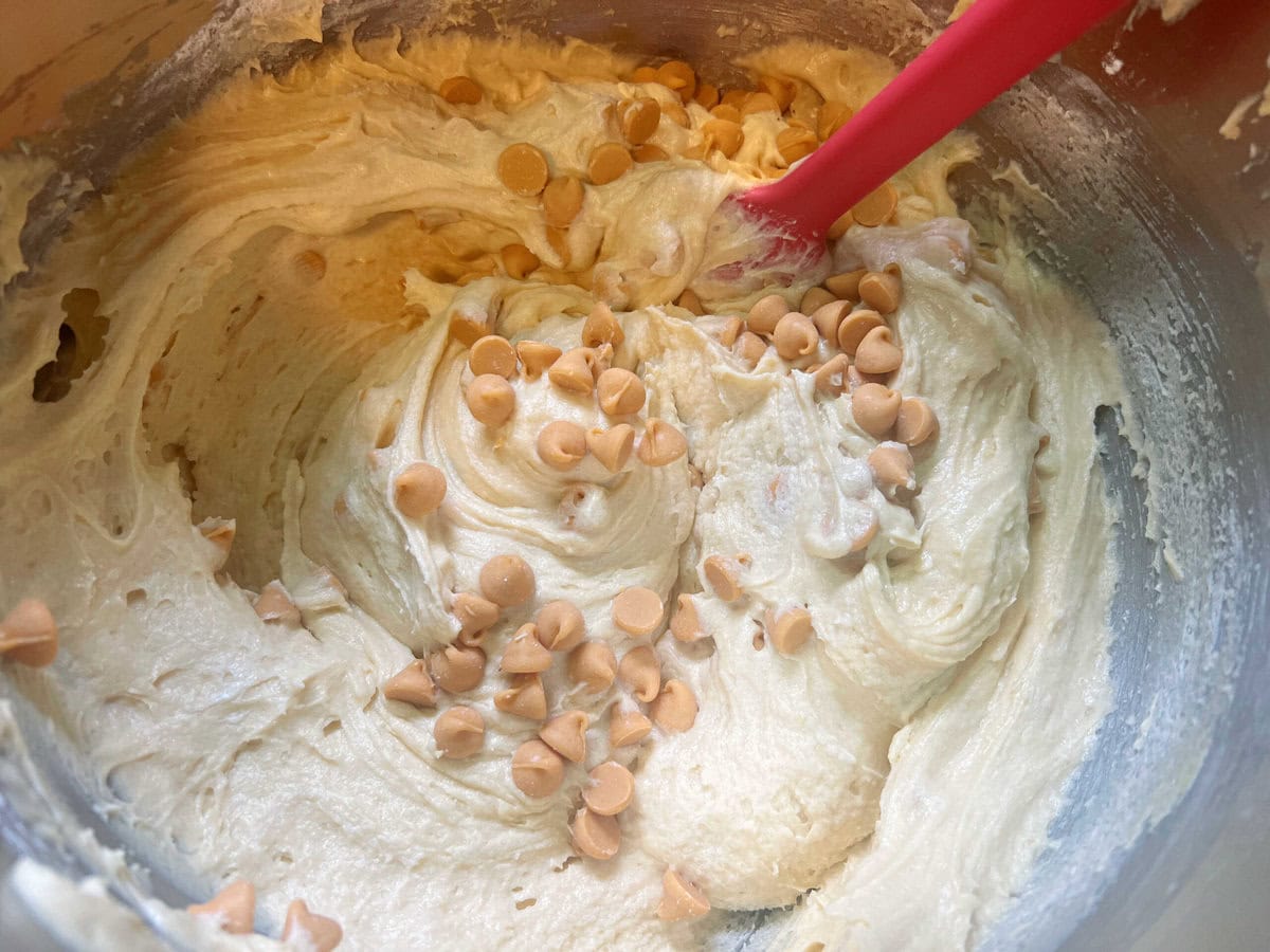Folding butterscotch chips into Butterscotch Pound Cake batter.