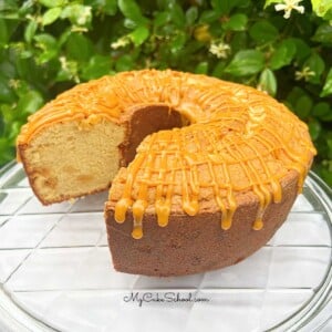 Butterscotch Pound Cake, sliced, on a cake plate.