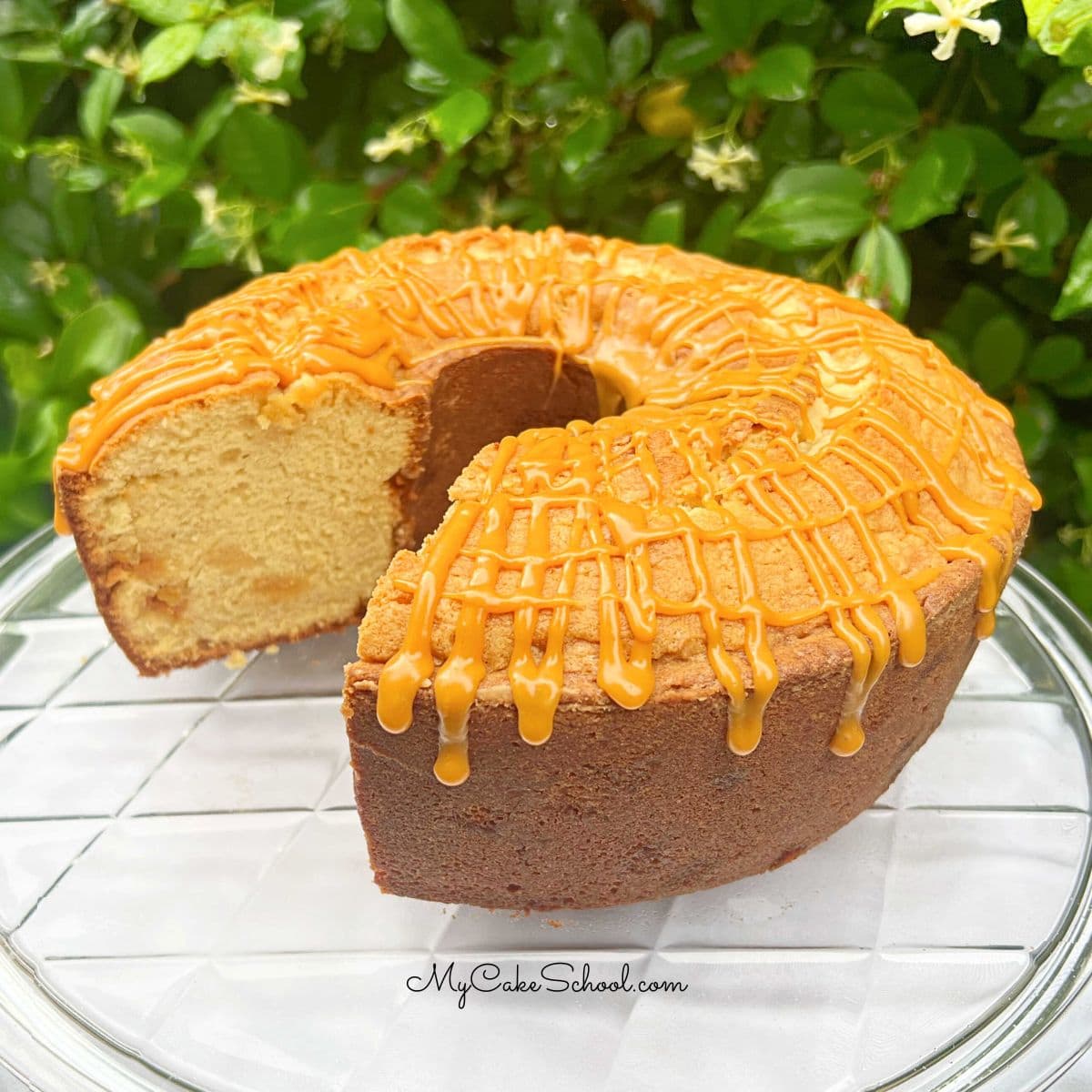 Butterscotch Pound Cake, sliced, on a cake plate.