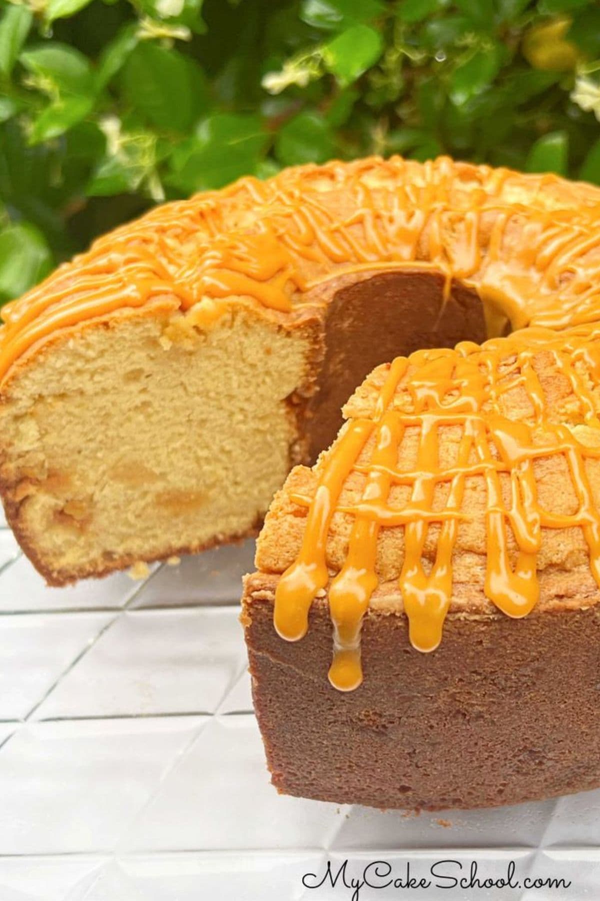 Butterscotch Pound Cake, sliced, on a cake plate.