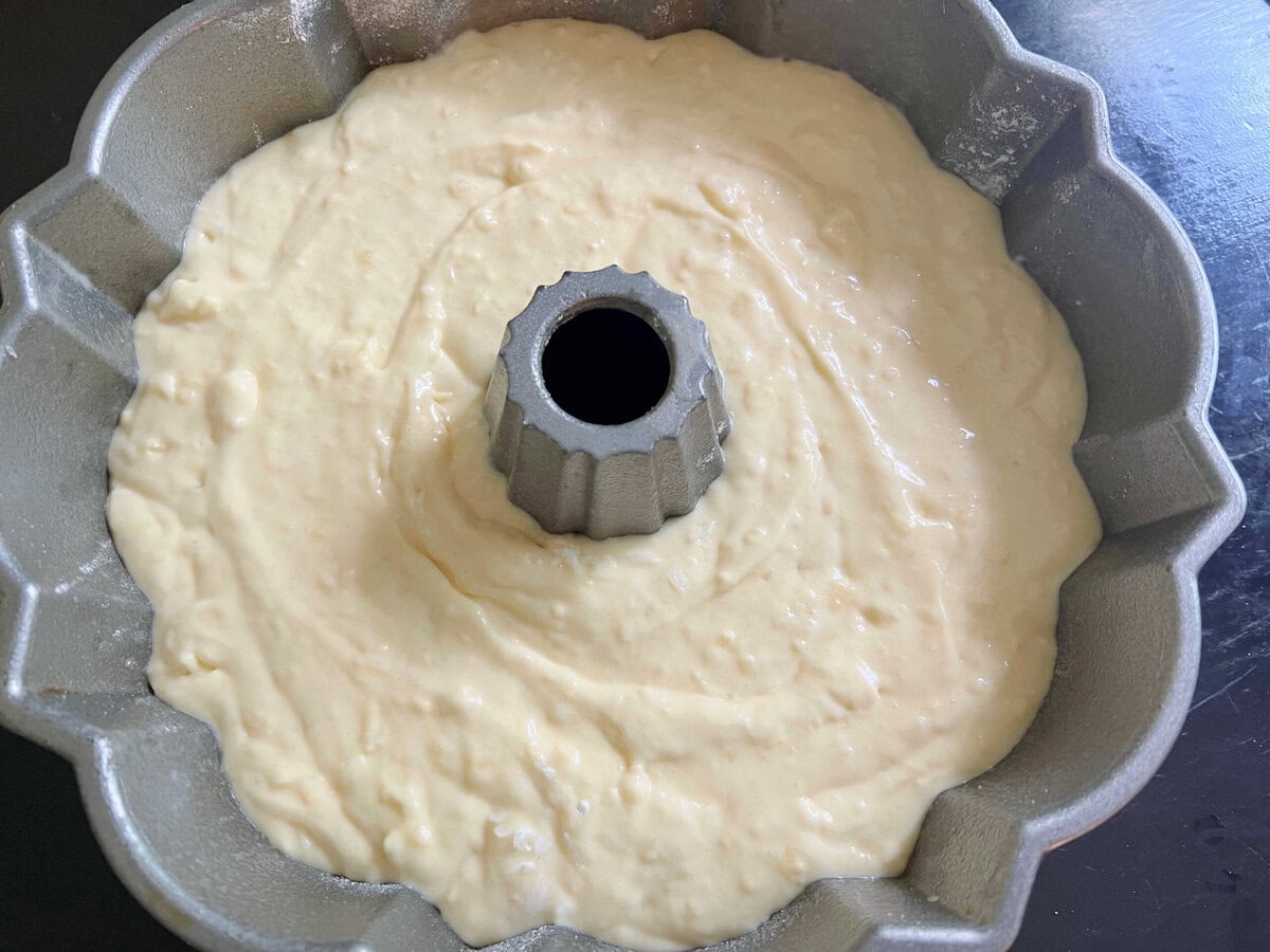 Batter in cake pan.