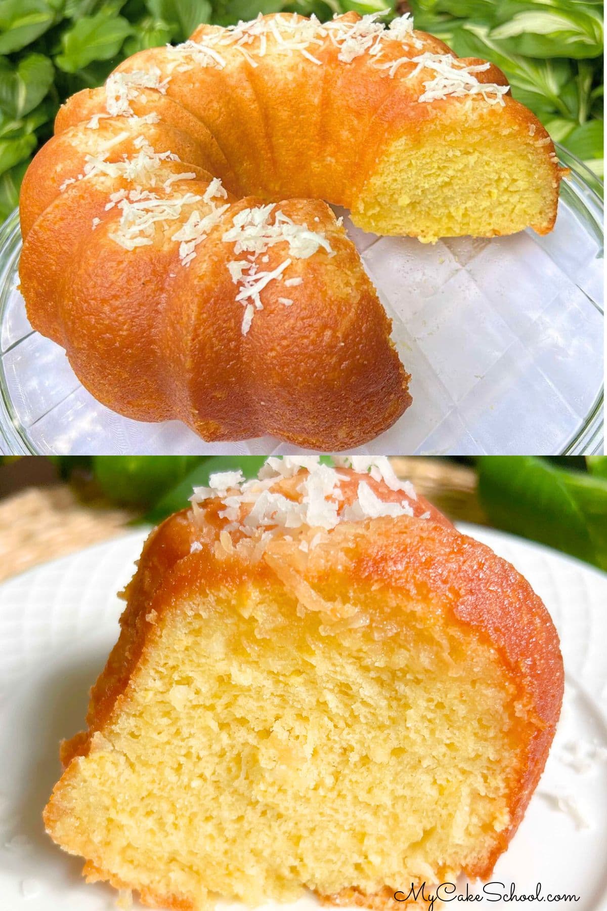 Coconut Rum Cake, sliced, on a cake pedestal.