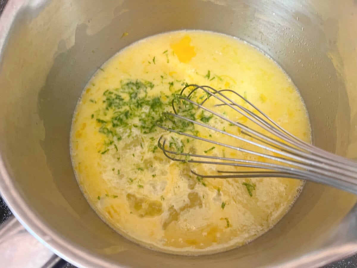 Ingredients for Lime Curd in saucepan.
