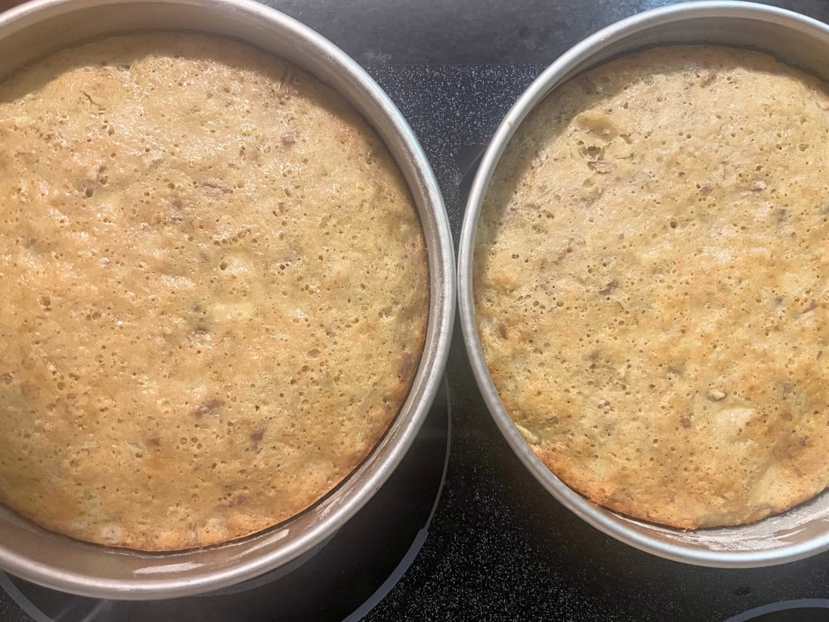 Hummingbird cake layers in pans.