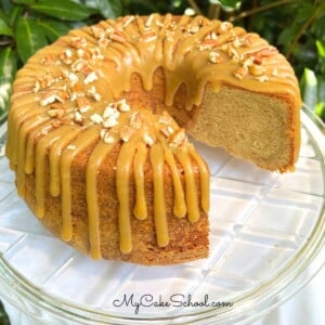Brown Sugar Pound Cake, sliced, on a cake plate.