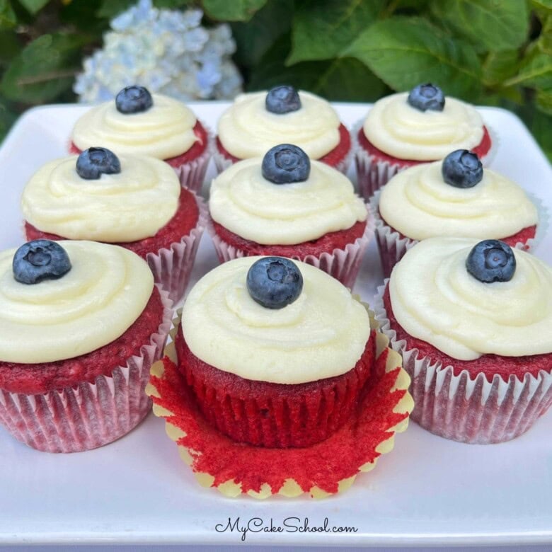 Red Velvet Cupcakes, topped with cream cheese frosting and blueberries.